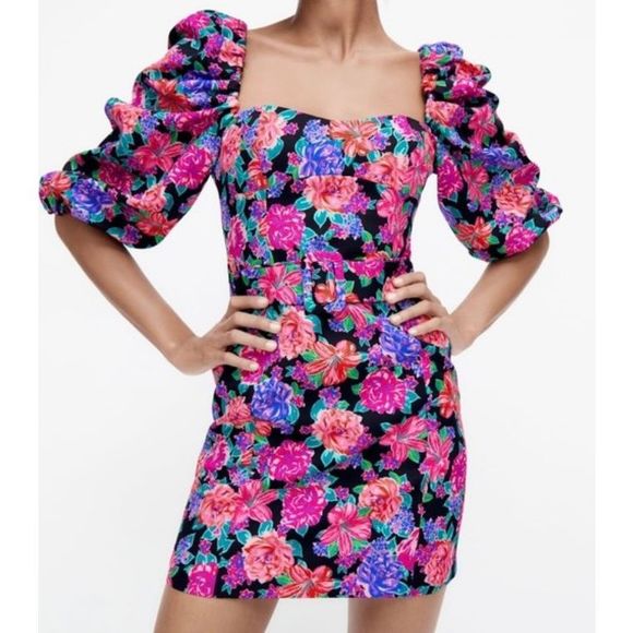 Zara Dresses & Skirts - Zara Floral Print Square Neck Balloon Sleeve Mini Dress Women's Size Medium NWT